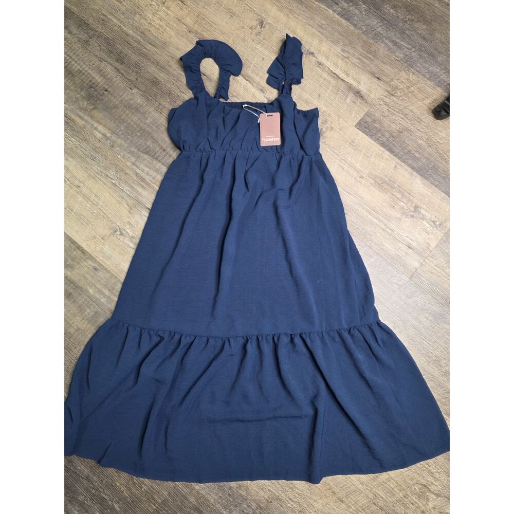 Yesfashion Womens Size S Navy Blue Tiered Ruffle Strap Smocked Midi Dress NWT